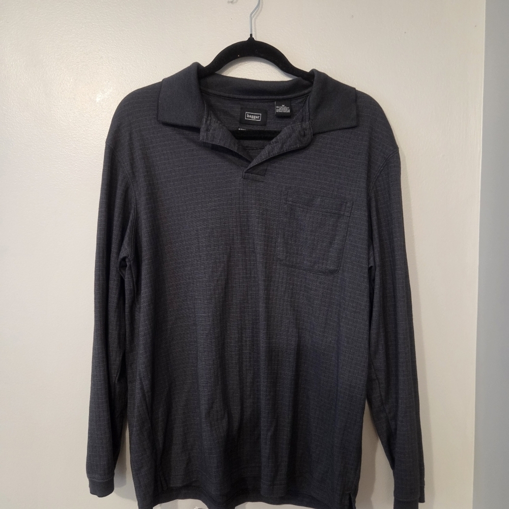 Haggar Men's Gray Stain Resistant Preppy Longsleeve Stretch Polo. M